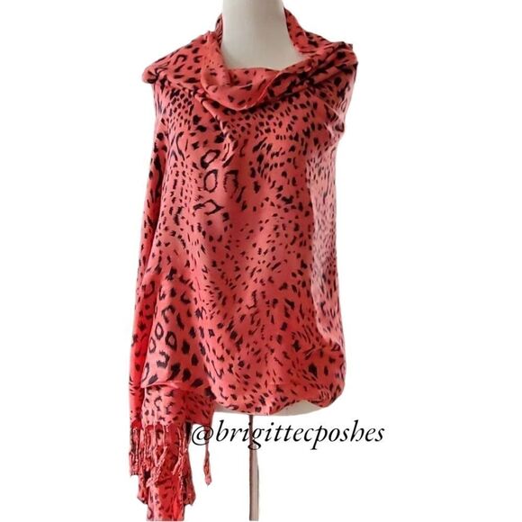 Animal Print Coral Shawl with Fringes - Picture 1 of 10